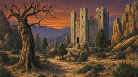 GRID THUMBNAIL — Stone keep with glowing windows stands among rocky hills at sunset, a gnarled leafless tree in foreground and a distant walled town beyond.