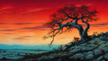 GRID THUMBNAIL — A gnarled leafless tree clings to a rocky slope above pale blue plains under a vivid red-orange sunset, birds scattered across the sky.