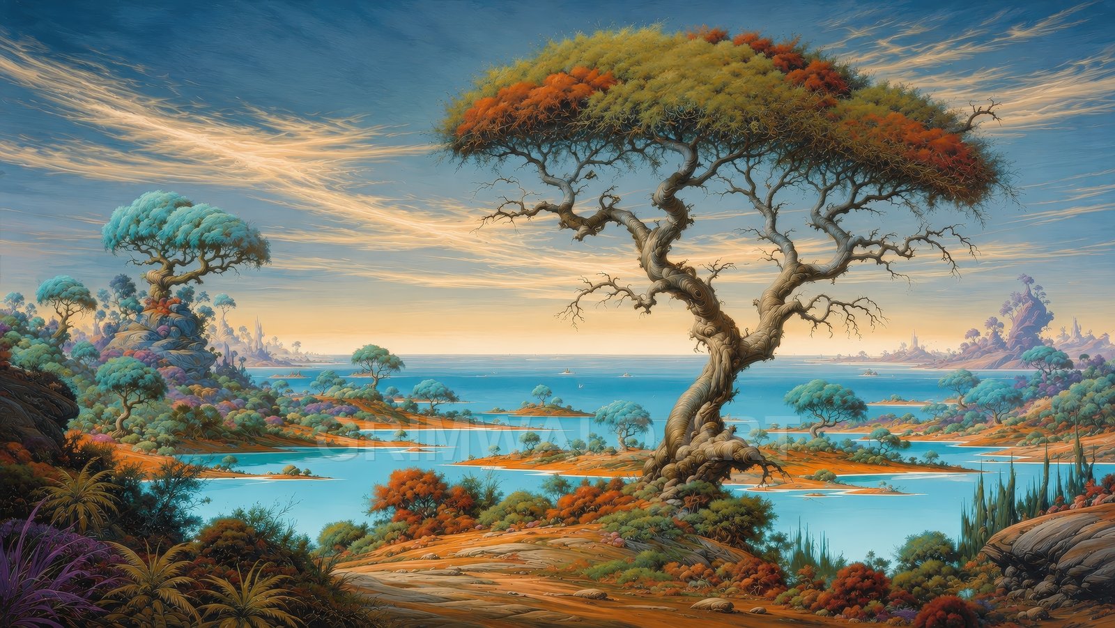 Retro fantasy seascape with a gnarled tree above turquoise inlets, colourful foliage, small islands and wispy golden clouds under calm blue sky.