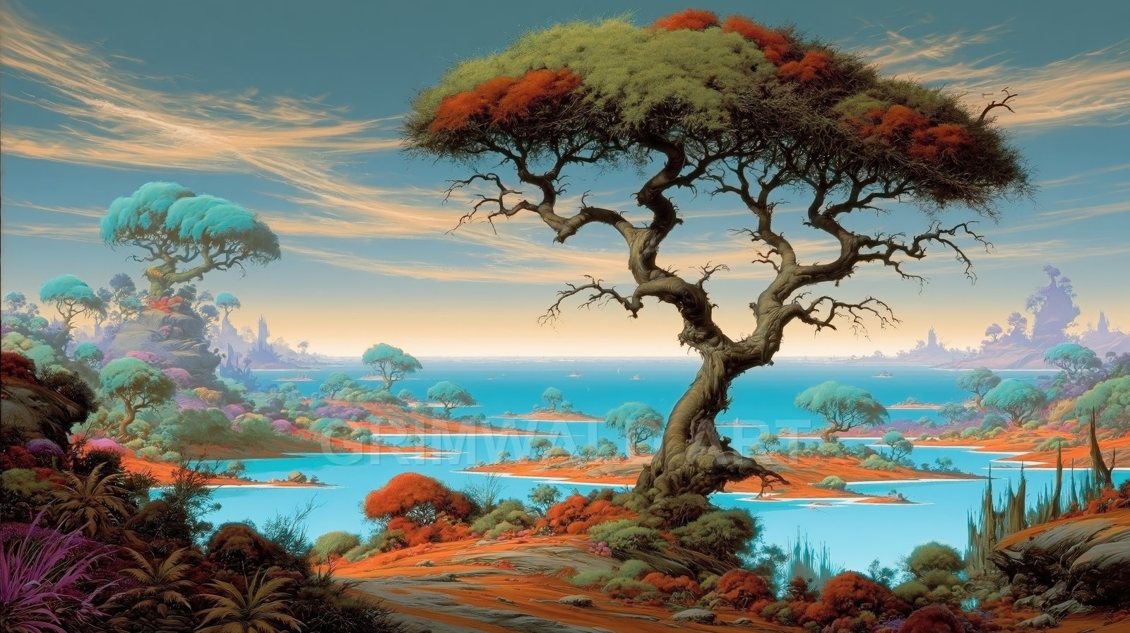 A gnarled tree overlooks turquoise waters and scattered islets under wispy clouds, with vibrant red and teal foliage across a fantastical coastal landscape.