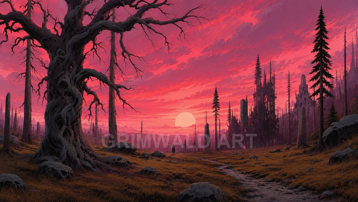 Twisted dead tree overlooks a path leading to distant gothic ruins under a vivid pink sunset sky, with standing stones and dark pines.