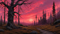 GRID THUMBNAIL — Twisted dead tree overlooks a path leading to distant gothic ruins under a vivid pink sunset sky, with standing stones and dark pines.