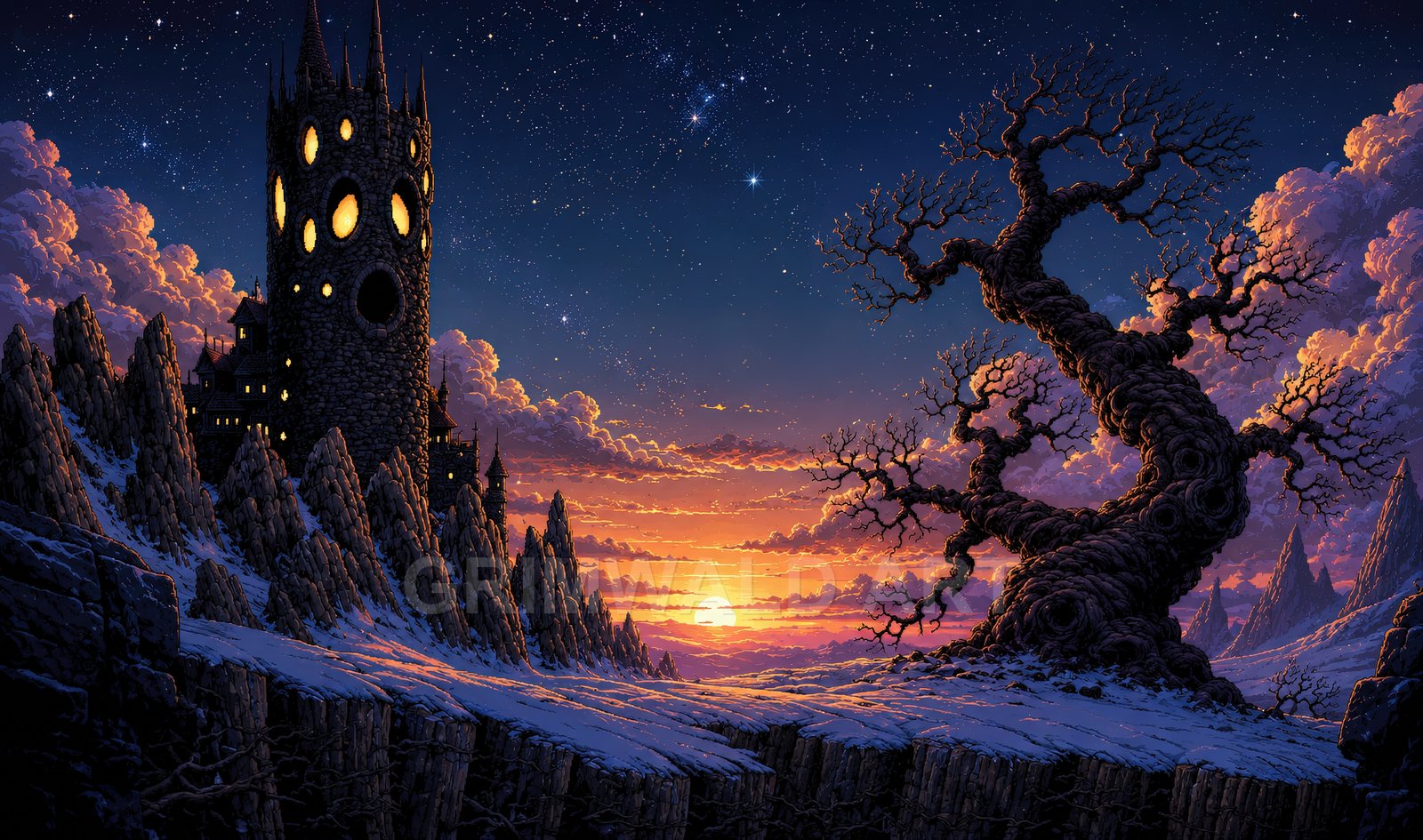 Gnarled leafless tree beside a tall stone tower with glowing round windows, above snowy cliffs at sunset under a starry, cloud-streaked sky.