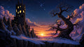 GRID THUMBNAIL — Gnarled leafless tree beside a tall stone tower with glowing round windows, above snowy cliffs at sunset under a starry, cloud-streaked sky.