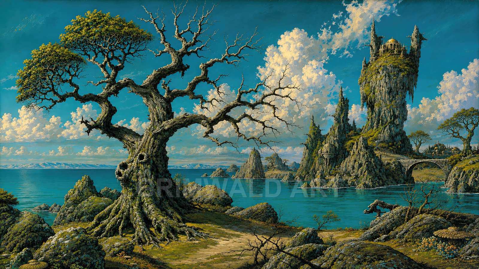 A gnarled ancient tree overlooks a turquoise bay with rocky spires, an arched stone bridge, and fantastical castles beneath a bright clouded sky.