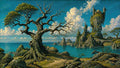 GRID THUMBNAIL — A gnarled ancient tree overlooks a turquoise bay with rocky spires, an arched stone bridge, and fantastical castles beneath a bright clouded sky.