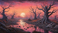 GRID THUMBNAIL — Twisted leafless trees with gnarled roots frame a reflective marsh stream at sunset beneath a pink-orange sky and a looming low sun.