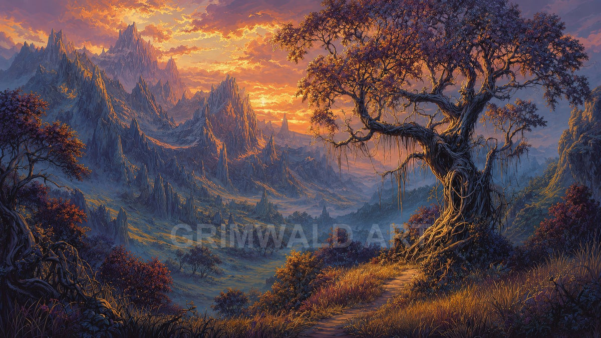 Golden-hour fantasy landscape with a twisted tree by a path, jagged mountain spires, rolling valleys and glowing clouds under a vivid sunset.