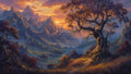 GRID THUMBNAIL — Golden-hour fantasy landscape with a twisted tree by a path, jagged mountain spires, rolling valleys and glowing clouds under a vivid sunset.