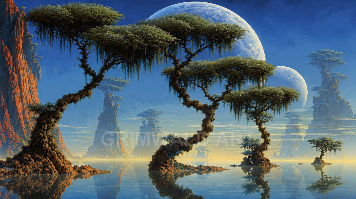 Otherworldly landscape with gnarled, moss-draped trees rising from a calm lake, towering rocky spires, and twin moons in a hazy golden dawn.