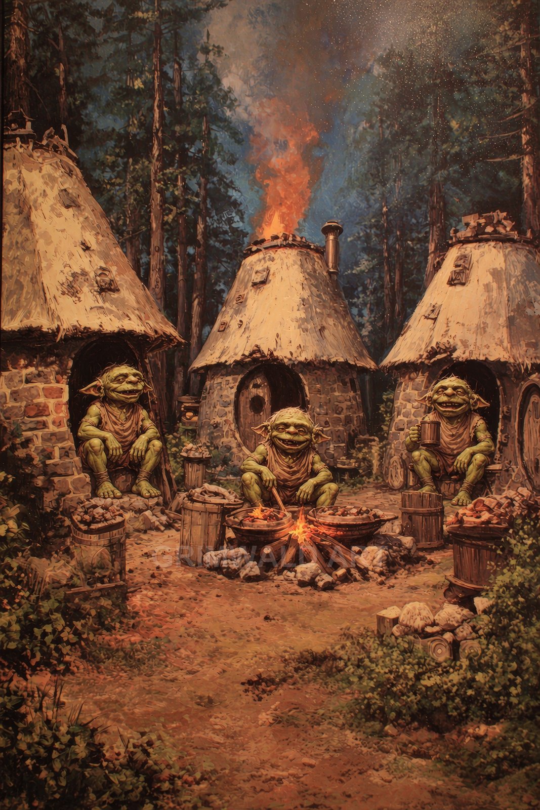 Three green goblins sit by campfires before round thatched stone huts in a forest at dusk, cooking and drinking by warm flames.
