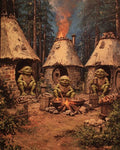 GRID THUMBNAIL — Three green goblins sit by campfires before round thatched stone huts in a forest at dusk, cooking and drinking by warm flames.
