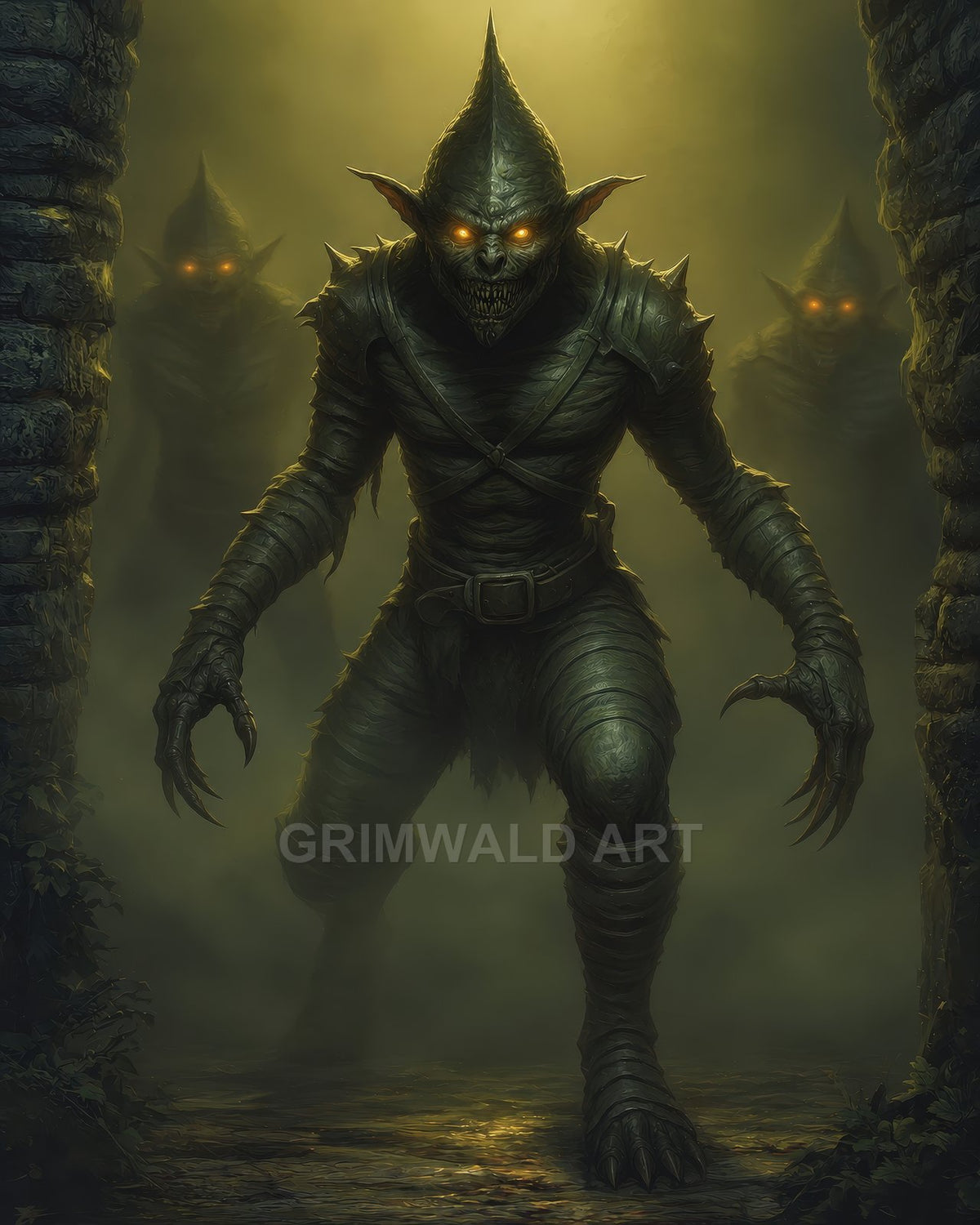 An armoured goblin with glowing amber eyes and long claws stalks through a misty, firelit stone corridor, two shadowy goblins looming behind.