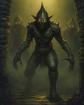 GRID THUMBNAIL — An armoured goblin with glowing amber eyes and long claws stalks through a misty, firelit stone corridor, two shadowy goblins looming behind.