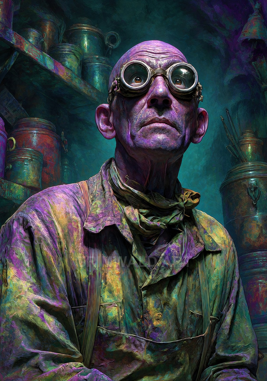 Old male alchemist wearing heavy round goggles and stained overalls, posed in a moody workshop lined with brass canisters and teal-shadowed shelves.
