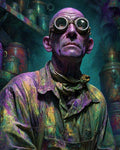 GRID THUMBNAIL — Old male alchemist wearing heavy round goggles and stained overalls, posed in a moody workshop lined with brass canisters and teal-shadowed shelves.
