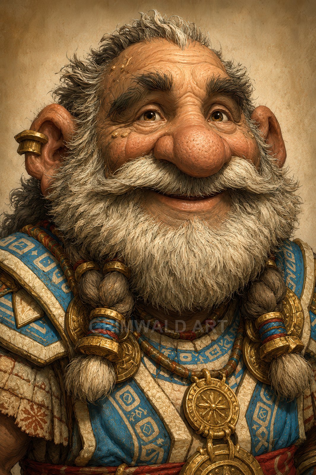 Smiling dwarf with braided moustache and beard, ornate blue-and-gold armour and heavy medallions, shown in a warm-toned close-up portrait.