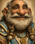 GRID THUMBNAIL — Smiling dwarf with braided moustache and beard, ornate blue-and-gold armour and heavy medallions, shown in a warm-toned close-up portrait.