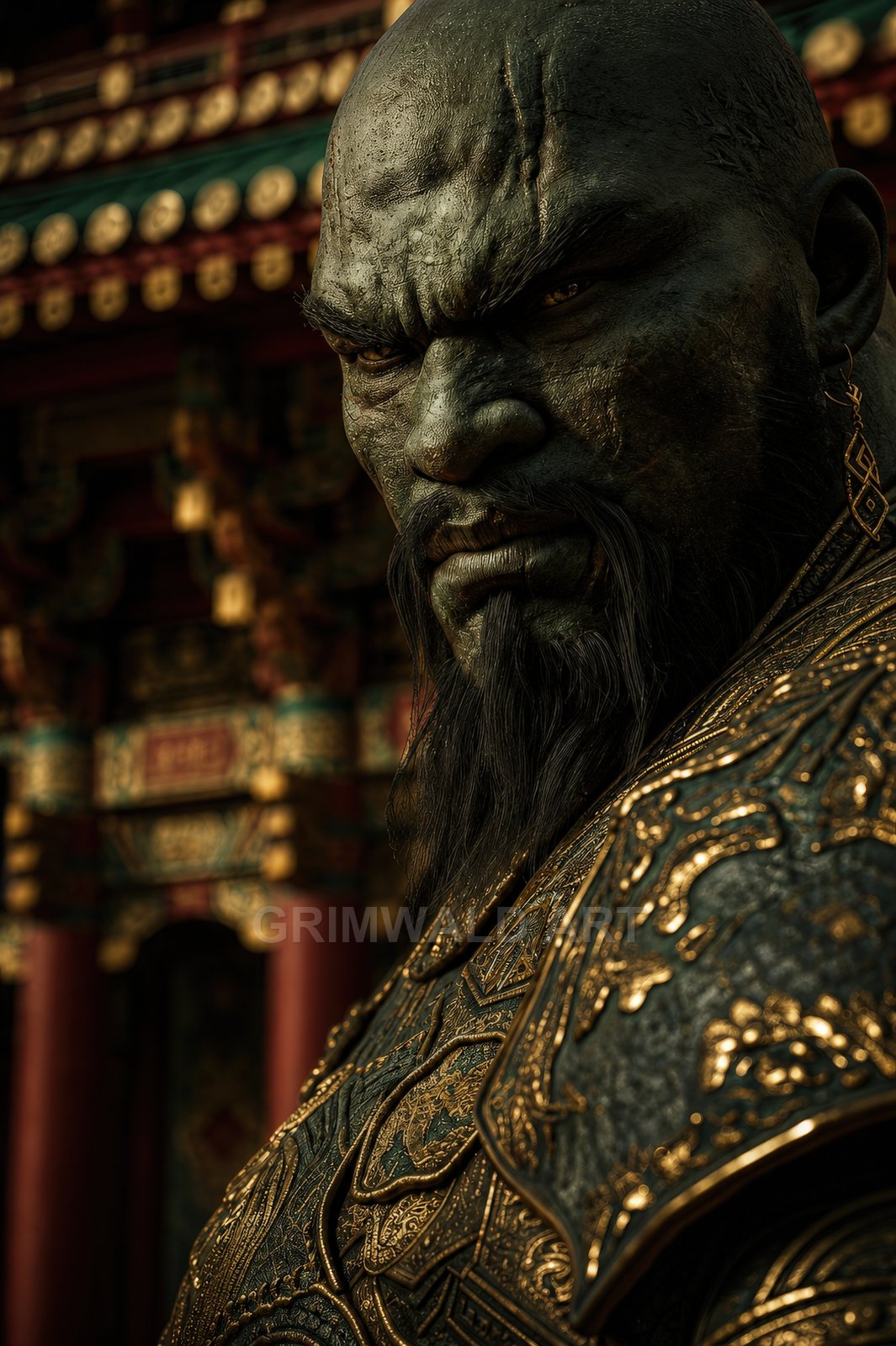 Close-up portrait of a grim, green-skinned orc warrior in ornate gold-inlaid armour before an intricate temple, bathed in warm golden light.