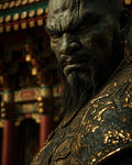 GRID THUMBNAIL — Close-up portrait of a grim, green-skinned orc warrior in ornate gold-inlaid armour before an intricate temple, bathed in warm golden light.