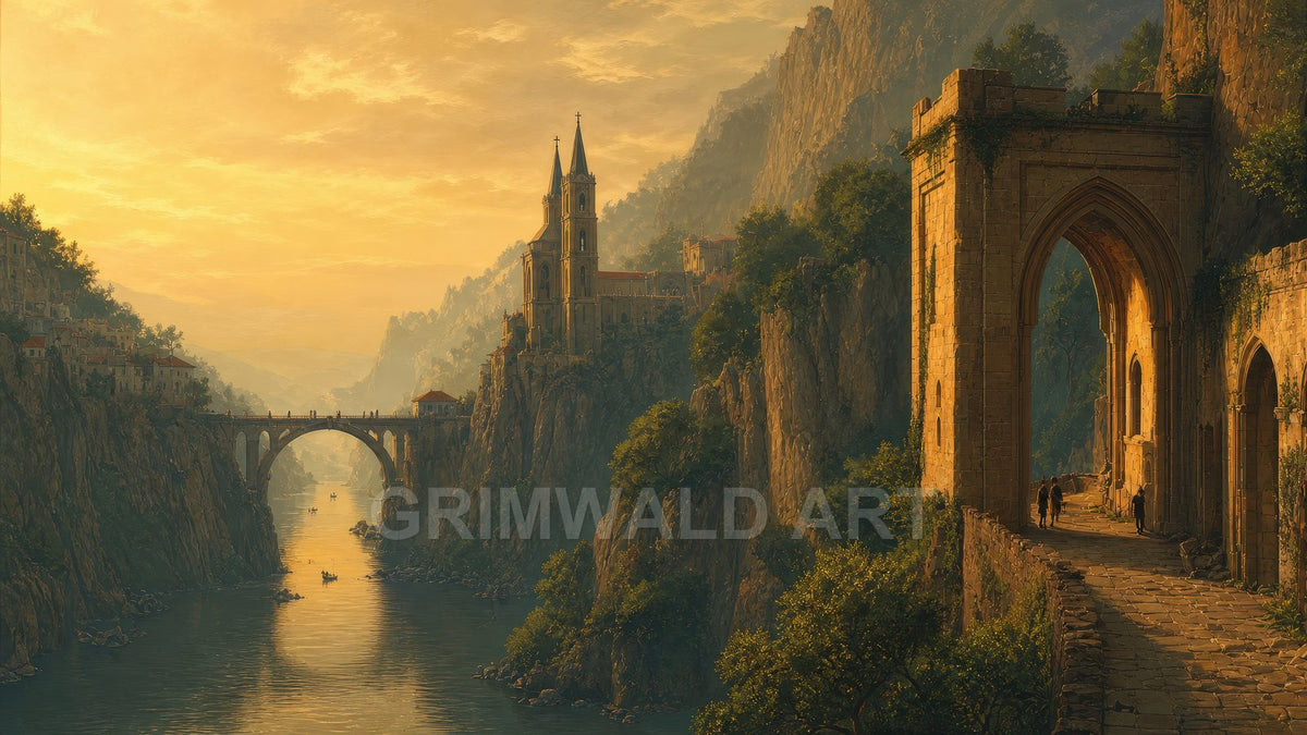 Sunlit river gorge with arched bridges, a cliffside cathedral and a ruined gateway, glowing at golden hour as small boats drift below.