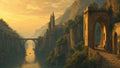 GRID THUMBNAIL — Sunlit river gorge with arched bridges, a cliffside cathedral and a ruined gateway, glowing at golden hour as small boats drift below.