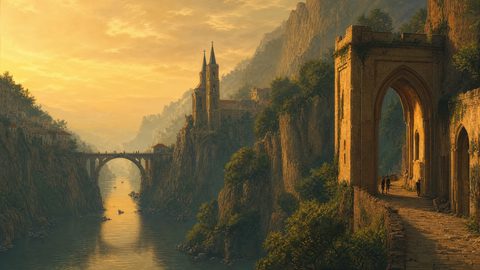 GRID THUMBNAIL — Sunlit river gorge with arched bridges, a cliffside cathedral and a ruined gateway, glowing at golden hour as small boats drift below.