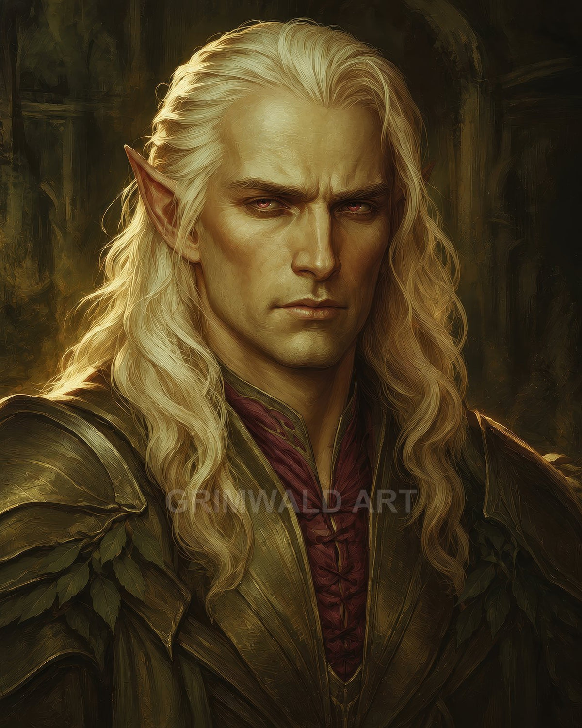 Portrait of a stern male elf with long blonde hair in ornate gold armour and red tunic, set in a dim, firelit interior.