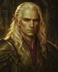 GRID THUMBNAIL — Portrait of a stern male elf with long blonde hair in ornate gold armour and red tunic, set in a dim, firelit interior.