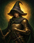 GRID THUMBNAIL — Armoured mage in ornate gold plate and green cloak, wearing a tall wizard hat, holds a staff before a glowing halo-like light.