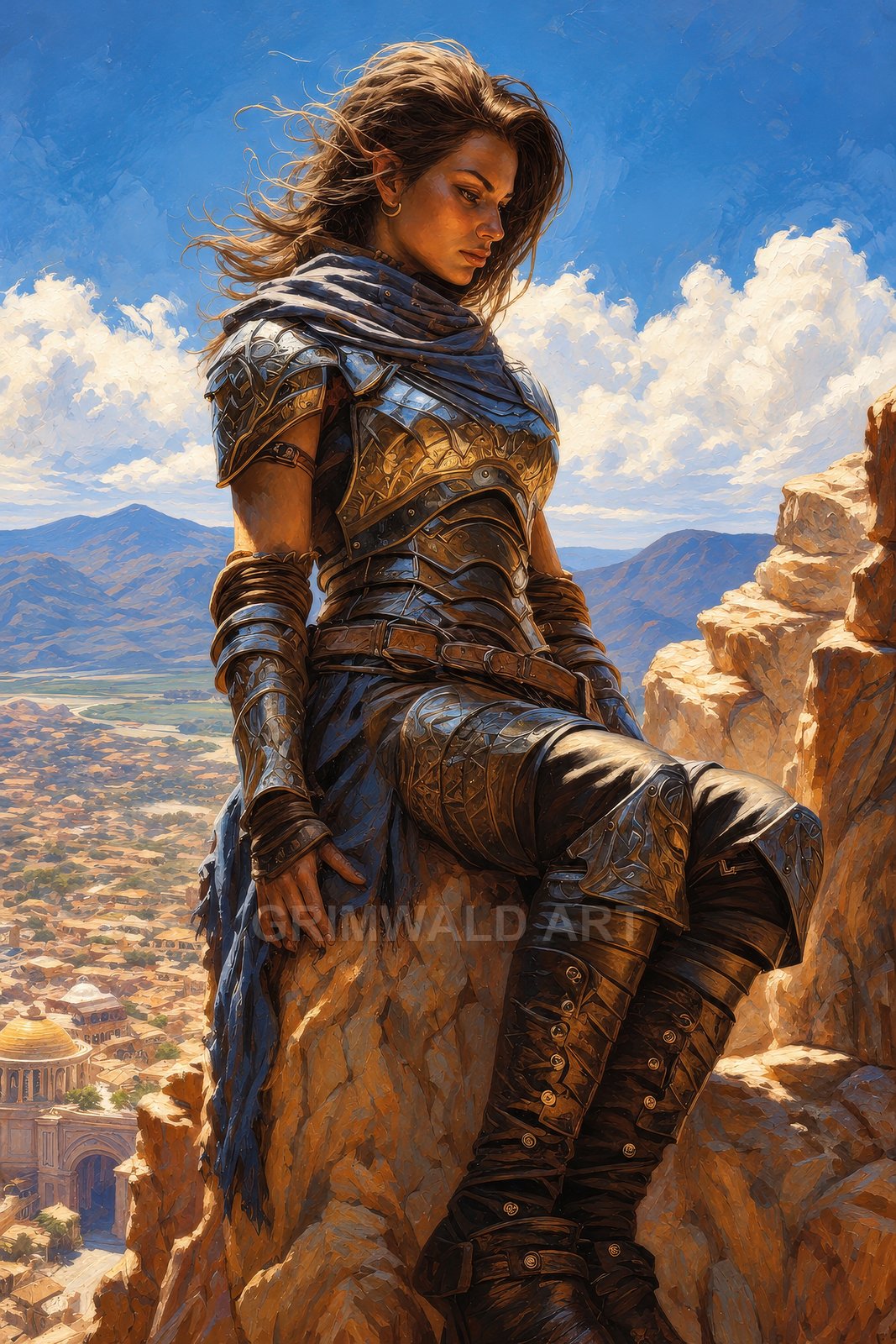 Armoured woman seated on a rocky cliff, gazing over a sunlit ancient city with domes and mountains beneath a bright blue sky.