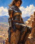 GRID THUMBNAIL — Armoured woman seated on a rocky cliff, gazing over a sunlit ancient city with domes and mountains beneath a bright blue sky.