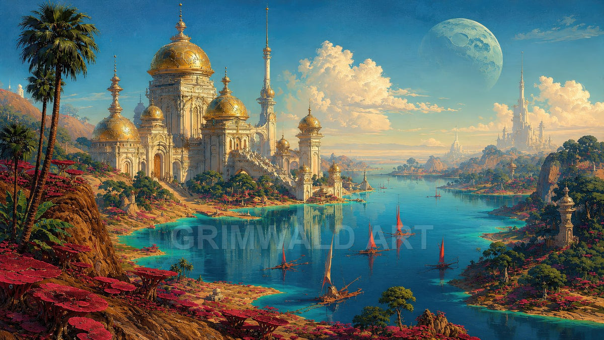 Opulent golden-domed palace beside a turquoise bay with red-sailed boats, exotic vegetation, distant spires and a huge moon under clear daylight.