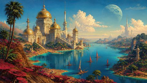 GRID THUMBNAIL — Opulent golden-domed palace beside a turquoise bay with red-sailed boats, exotic vegetation, distant spires and a huge moon under clear daylight.