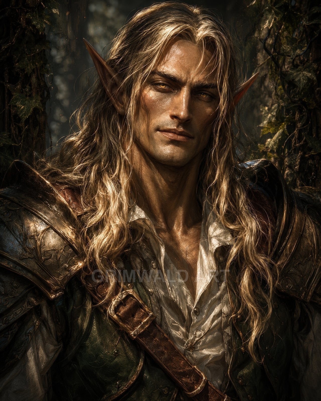 Close-up portrait of a male elf with long blond hair and golden eyes, wearing ornate green armour in a sun-dappled forest setting.