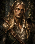 GRID THUMBNAIL — Close-up portrait of a male elf with long blond hair and golden eyes, wearing ornate green armour in a sun-dappled forest setting.