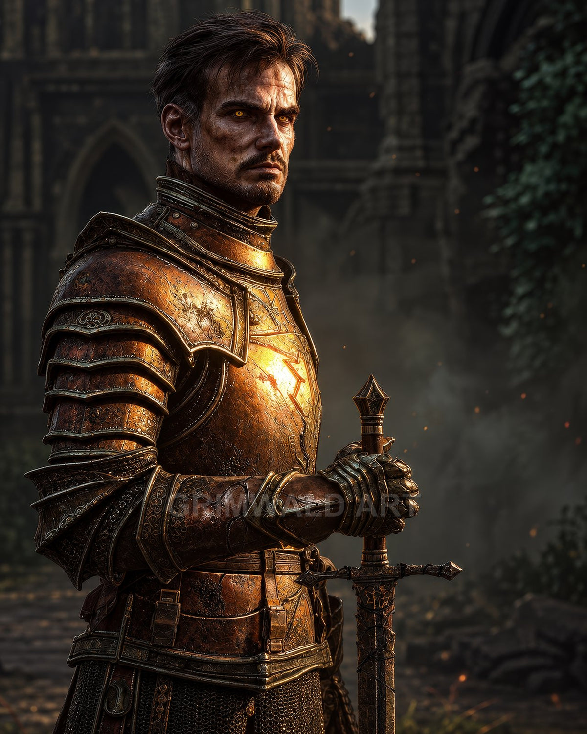 Armoured male knight with glowing amber eyes grips a longsword before crumbling gothic ruins, lit by warm firelight with drifting embers.