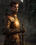 GRID THUMBNAIL — Armoured male knight with glowing amber eyes grips a longsword before crumbling gothic ruins, lit by warm firelight with drifting embers.