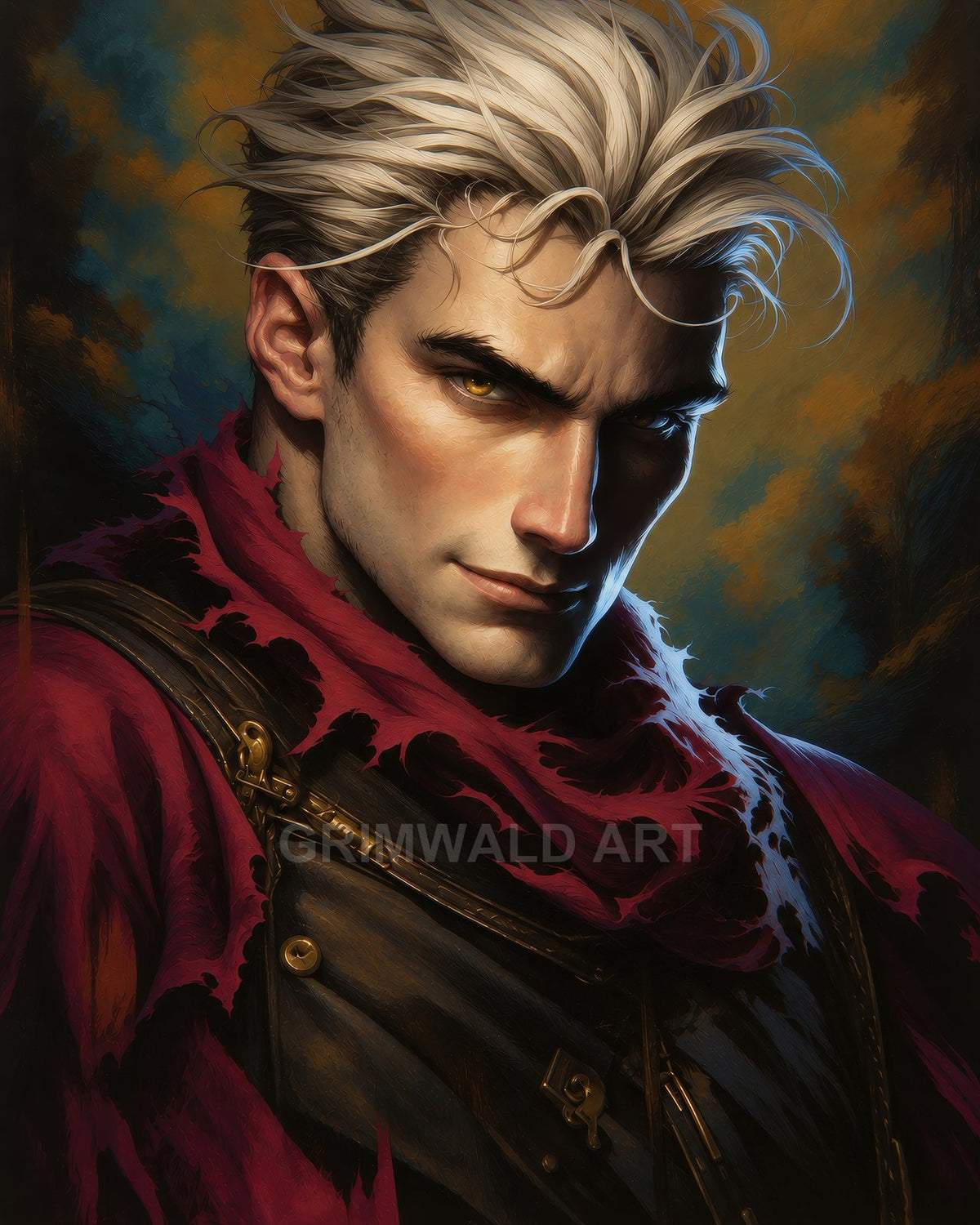 Portrait of a golden-eyed man with platinum hair, wearing torn crimson scarf and dark leather armour, staring intensely against a painterly, moody background.