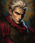 GRID THUMBNAIL — Portrait of a golden-eyed man with platinum hair, wearing torn crimson scarf and dark leather armour, staring intensely against a painterly, moody background.