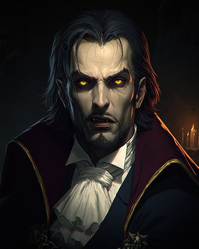 GRID THUMBNAIL — Portrait of a pale male vampire with glowing amber eyes and fangs, wearing aristocratic attire and cape, lit by candles in a dark castle interior.