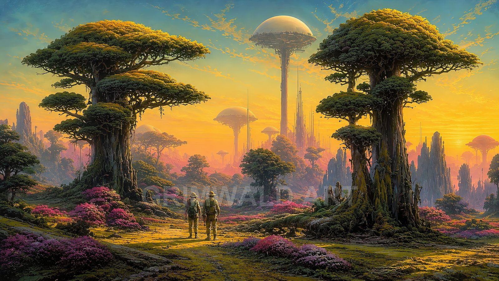 Alien forest at sunset with colossal tiered trees, violet shrubs, and distant domed towers, two explorers walking along a sunlit path.