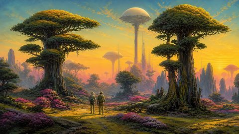 GRID THUMBNAIL — Alien forest at sunset with colossal tiered trees, violet shrubs, and distant domed towers, two explorers walking along a sunlit path.