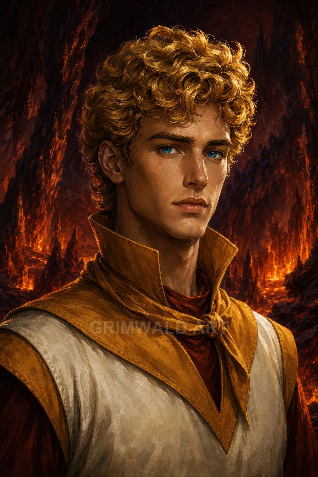 Portrait of a young man with curly blond hair and blue eyes, wearing ochre robes, set against a glowing lava-filled cavern.