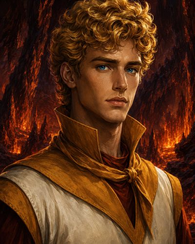 GRID THUMBNAIL — Portrait of a young man with curly blond hair and blue eyes, wearing ochre robes, set against a glowing lava-filled cavern.