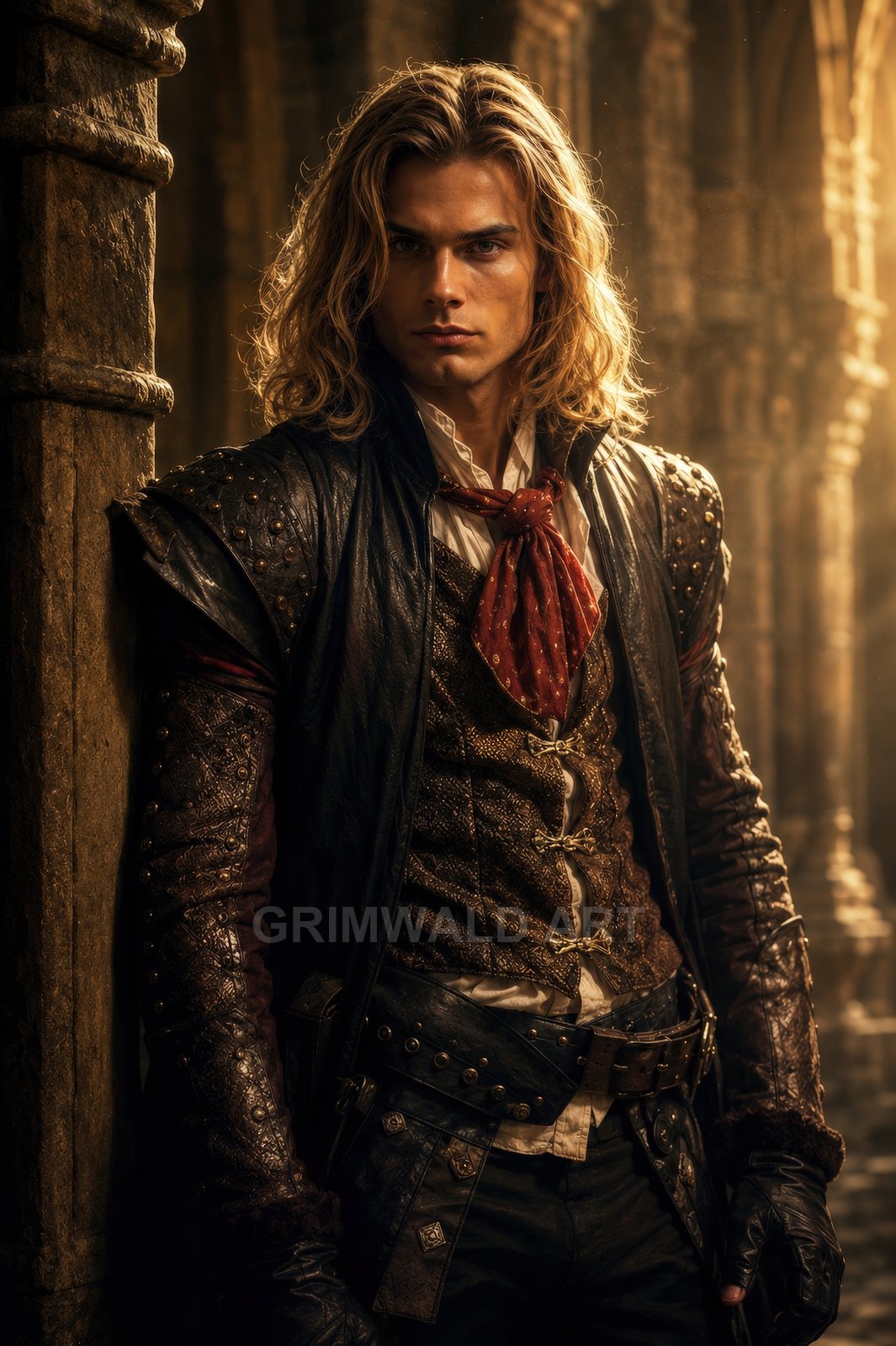 A long-haired male adventurer in studded leather and red cravat leans against a stone column in a golden-lit castle corridor.