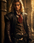 GRID THUMBNAIL — A long-haired male adventurer in studded leather and red cravat leans against a stone column in a golden-lit castle corridor.