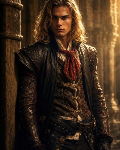 GRID THUMBNAIL — A long-haired male adventurer in studded leather and red cravat leans against a stone column in a golden-lit castle corridor.