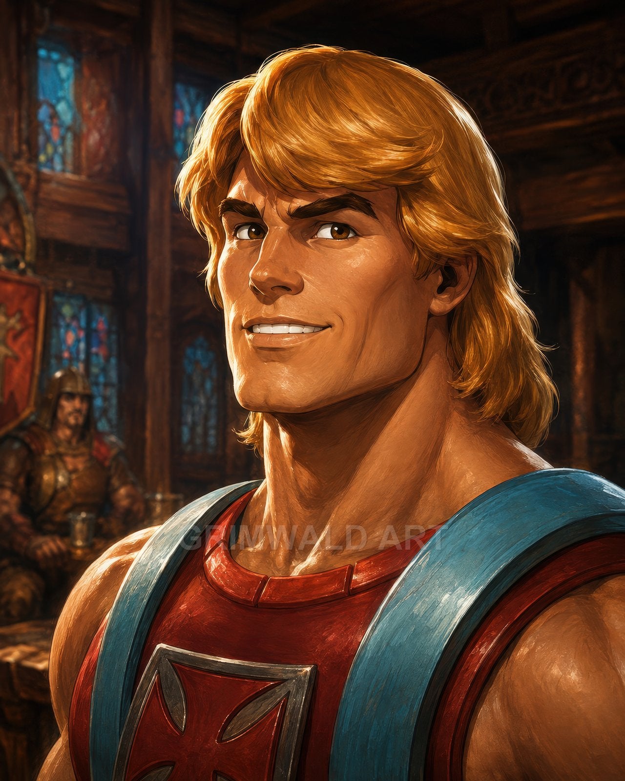 Smiling, blond male warrior in red and blue armour stands in a wooden hall, with stained-glass windows and an armoured guard behind.