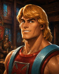 GRID THUMBNAIL — Smiling, blond male warrior in red and blue armour stands in a wooden hall, with stained-glass windows and an armoured guard behind.